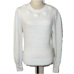 Joie white sweater NWT size Small fuzzy crewneck/flower embellished.